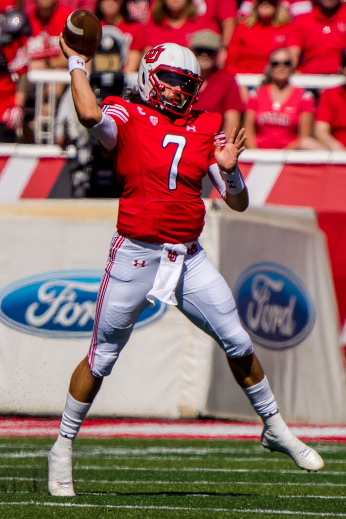 (Trent Nelson  |  The Salt Lake Tribune) Utah Utes quarterback Cameron Rising (7) throws the ball as the University of Utah hosts Washington State, NCAA football in Salt Lake City on Saturday, Sept. 25, 2021.