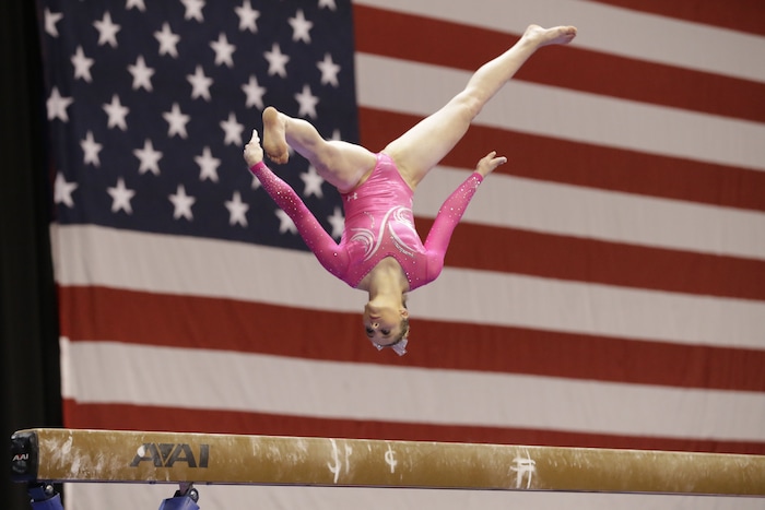 MyKayla Skinner performs on the beam during the American Cup gymnastics competition Saturday, March 7, 2015, in Arlington, Texas. (AP Photo/LM Otero) 