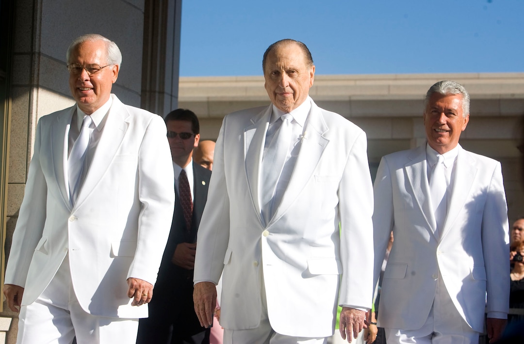 (Al Hartmann  |  The Salt Lake Tribune) Right to left, William R. Walker, President Thomas S. Monson and Dieter F. Uchtdorf presided over the traditional mortar ritual at the first dedication session for the Oquirrh Mountain Temple on Aug. 21, 2009.