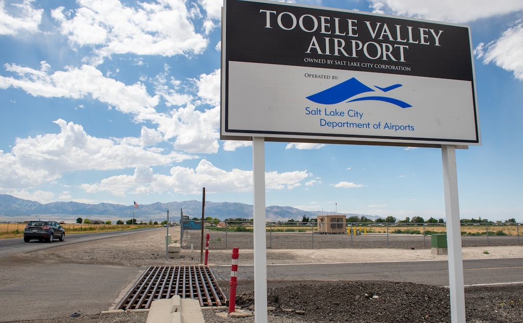 (Chris Samuels | The Salt Lake Tribune) A large flagpole stands adjacent to the Tooele Valley Airport in Erda, Thursday, July 27, 2023. The flagpole was taken down after a judge ordered its temporary removal last month.
