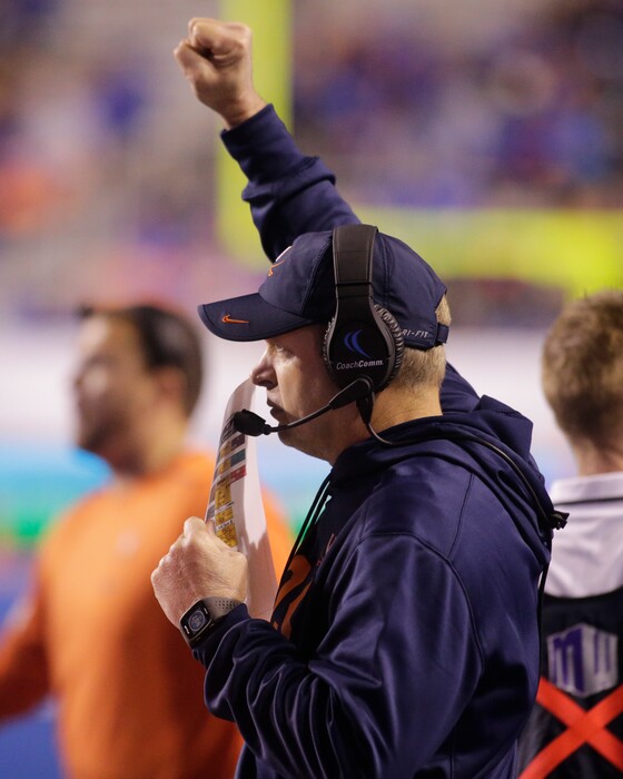 Virginia coach Bronco Mendenhall sends signals to his team during the second half of an NCAA college football game against Boise State in Boise, Idaho, on Friday, Sept. 22, 2017. Virginia won 42-23. (AP Photo/Otto Kitsinger)