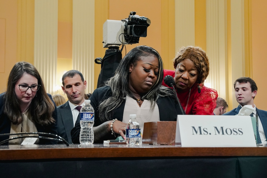 (Shuran Huang | The New York Times)

Georgia election worker Wandrea ArShaye Moss, left, is comforted by her mother Ruby Freeman as she testifies during the fourth hearing held by the House committee investigating the Jan. 6, 2021 attack on the Capitol, in Washington on Tuesday, June 21, 2022.