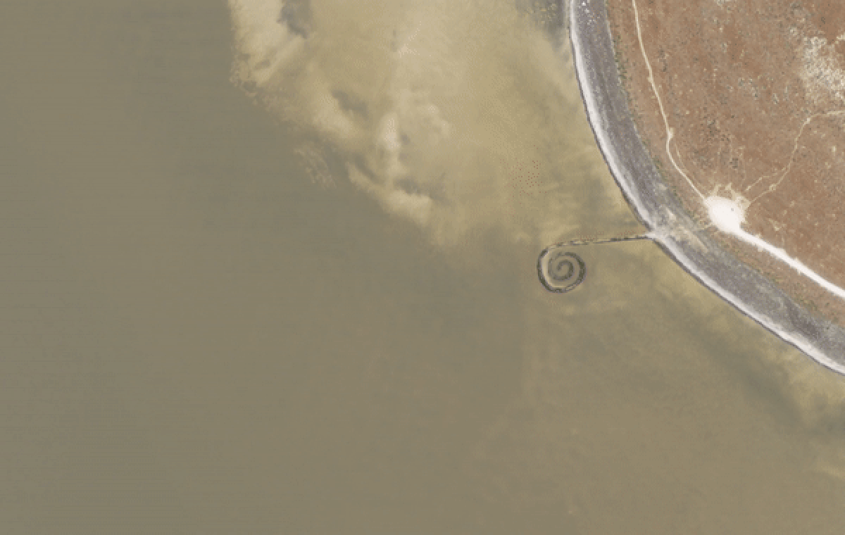 (Planet) Satellite imagery shows the Spiral Jetty sculpture, in the north end of the Great Salt Lake, in 2011 and 2021 — showing how far the water has receded from the shore in 10 years.