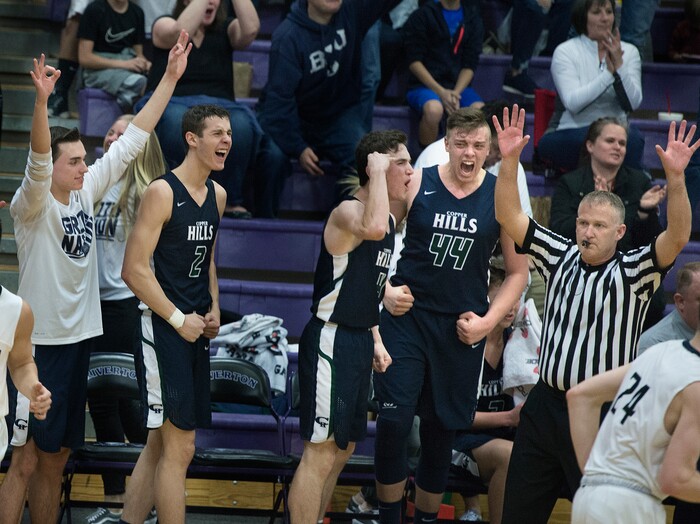 Scott Sommerdorf | The Salt Lake TribuneThe Copper Hills bench including Trevon Allfrey (44), erupts after a late 3-pointer extended their late second half lead. Copper Hills defeated Riverton 54-50, Friday, February, 2, 2018. 