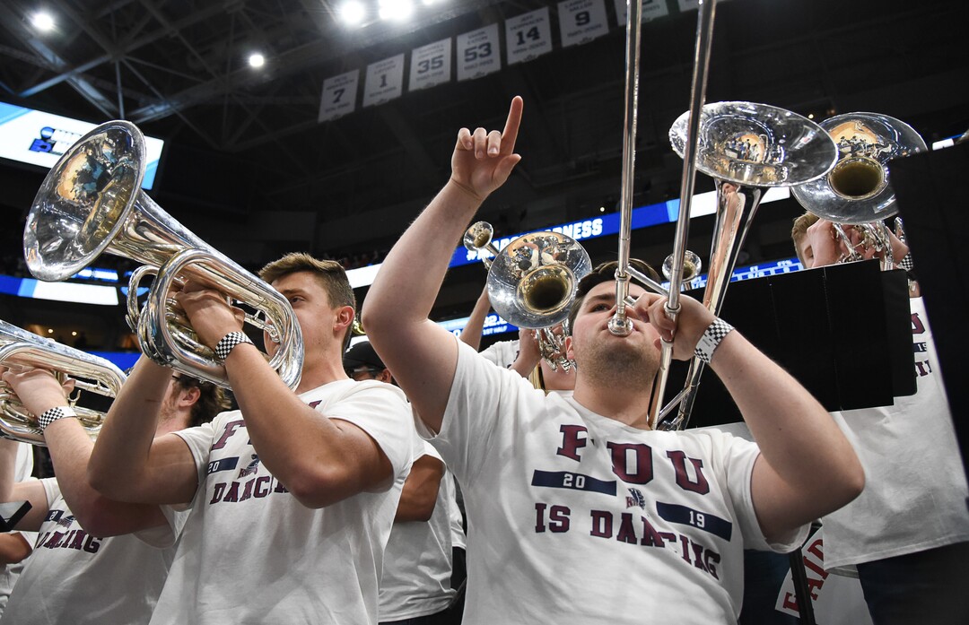 (Francisco Kjolseth  |  The Salt Lake Tribune)  The Fairleigh Dickinson band gets their team pumped up as Gonzaga faces Fairleigh Dickinson in their first round menÕs NCAA March Madness tournament game at Vivint Smart Home Arena in Salt Lake City on Thursday, March 21, 2019.