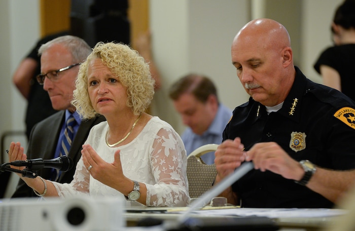 (Francisco Kjolseth  |  The Salt Lake Tribune)  Leadership and partners of Operation Rio Grande, including Commissioner Keith Squires, Mayor Jackie Biskupski and Chief Mike Brown, from left, meet at The Gateway on Tuesday, Aug. 14, 2018, to report on the first year of Operation Rio Grande, which launched Aug. 14, 2017. Agency leadership and staff will reported on the three phases of the operation which focused on improving public safety, drug and mental health treatment and employment.