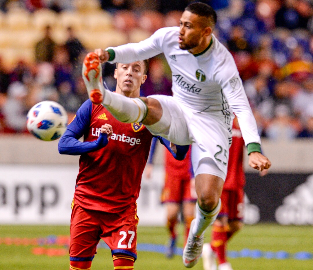 Leah Hogsten  |  The Salt Lake Tribune  Real Salt Lake forward Corey Baird (27) watches as Portland Timbers forward Dairon Asprilla (27) flies in front of him as Real Salt Lake hosts the Portland Timbers at Rio Tinto Stadium in Sandy, Saturday, Oct. 6, 2018.