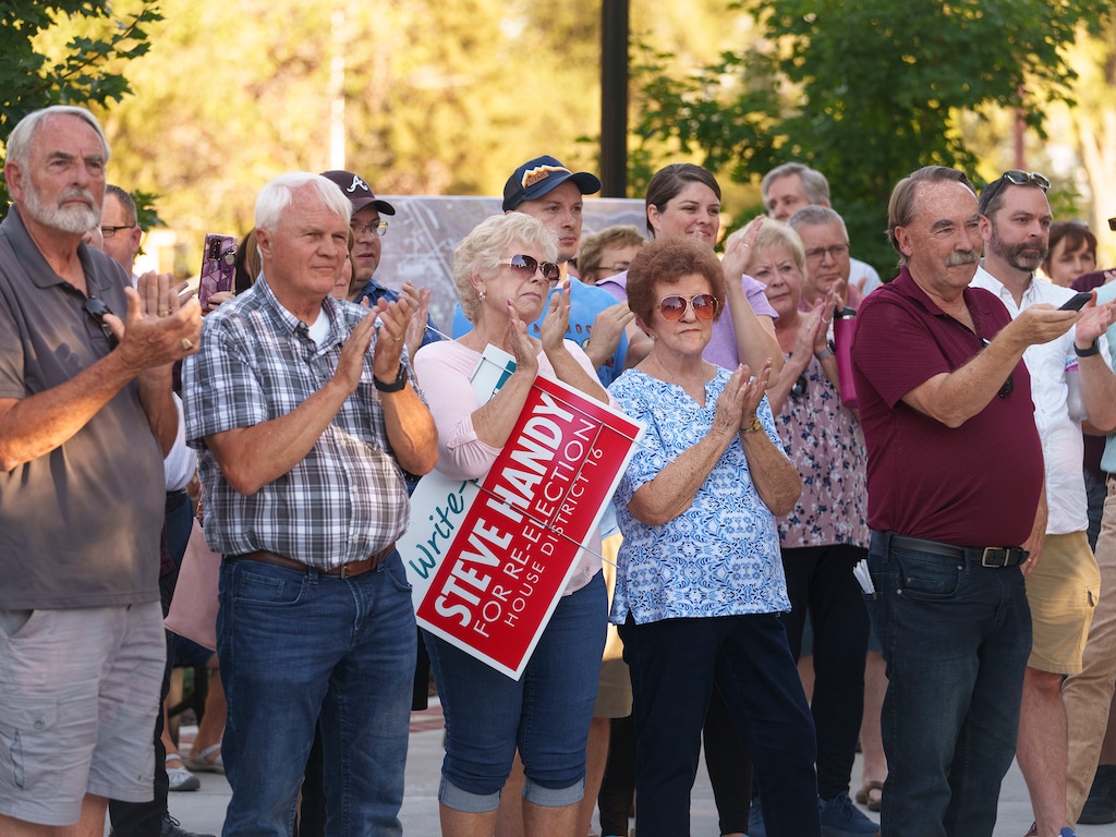(Leah Hogsten | The Salt Lake Tribune) Layton Rep. Steve Handy, who lost his reelection bid to Trevor Lee at the Davis County Republican convention in March, Handy officially announced his campaign surrounded by a crowd of family and supporters in Layton, Aug. 30, 2022.
.
