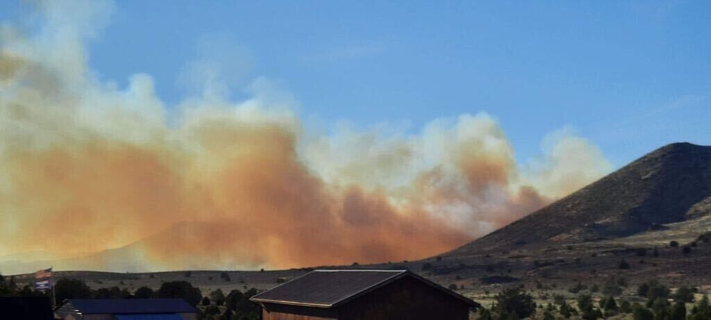 (Photo courtesy of Carrie Zgadzaj via FOX 13)  The Veyo Pool Fire on Sunday, Sept. 27, 2020, threatens structures in Washington County, south of Veyo.