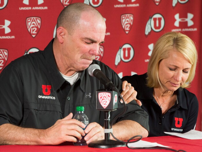 Rick Egan  |  The Salt Lake TribuneGreg Marsden, Utah gymnastics coach for the past 40 years, gets emotional as he comments on his retirement, with his wife, Megan, at his side, at a news conference at the Huntsman Center, Tuesday, April 21, 2015.