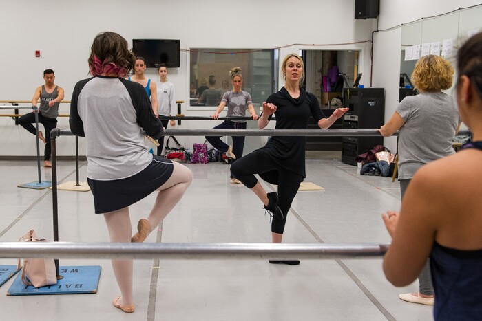 (Alex Gallivan  |  Special to the Tribune)  Ballet instructor Nikki Bybee demonstrates a move recently during a new exercise class for adults offered by the Ballet West Academy in Salt Lake City.
