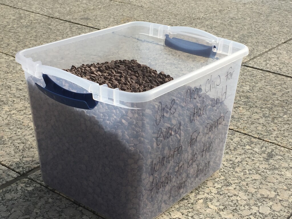 (Luke Ramseth / The Salt Lake Tribune) The advocacy group Alliance for a Better Utah tried delivering this container of 20,000 chocolate chips to Utah Sen. Orrin Hatch's office on Monday afternoon. His staffers said they couldn't accept it — though they did take a petition demanding Hatch swiftly work to renew funding for the Children's Health Insurance Program, known as CHIP.