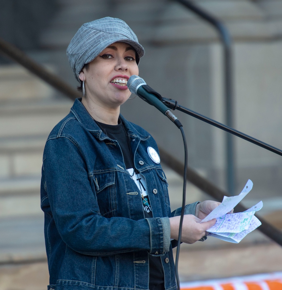 (Rick Egan  |  The Salt Lake Tribune)       Deborah Blake speaks at a rally as Homeless and homeless advocates gather outside the City County building for a demonstration before the city council meeting, Tuesday, April 23, 2019.