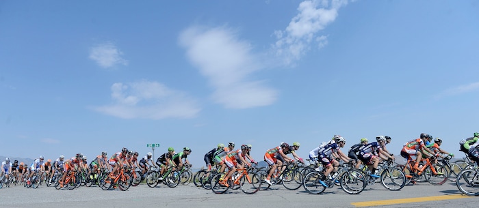 Al Hartmann | The Salt Lake Tribune
Riders in the 4th stage of the Tour of Utah leave Rush Valley, just past the halfway point in the race. Stage 4 started in South Jordan went west into the hot, dry west desert and finished back in South Jordan 123 miles later.