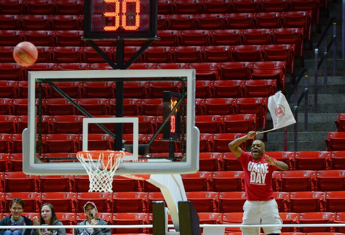 (Francisco Kjolseth  |  The Salt Lake Tribune)  Tyrone Smith gives it his best effort while trying to distract a free throw from UNLV as Utah hosts UNLV in women's NCAA basketball at the Huntsman Center, Thursday, March 15, 2018.