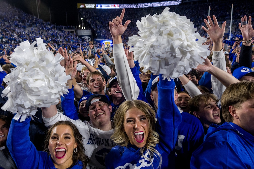 (Trent Nelson  |  The Salt Lake Tribune) BYU fans celebrate the win over Utah, NCAA football at LaVell Edwards Stadium in Provo on Saturday, Oct. 18, 2025.