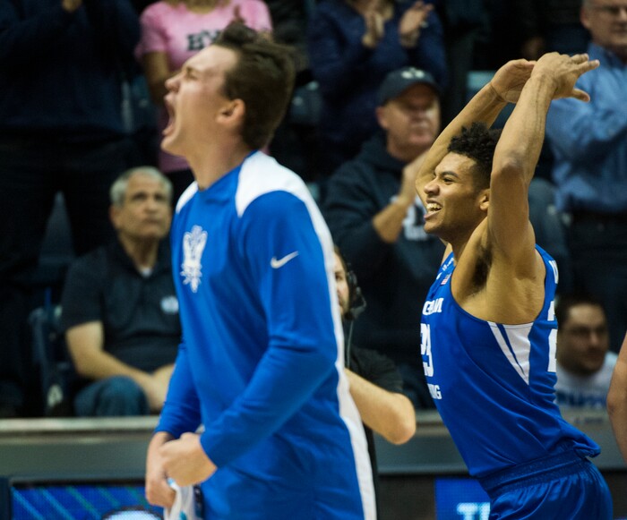 (Rick Egan  |  The Salt Lake Tribune) Brigham Young Cougars celebrate a 23-11 lead, in basketball action Utah Utes vs. Brigham Young Cougars at the Marriott Center in Provo, Saturday, December 15, 2017.


