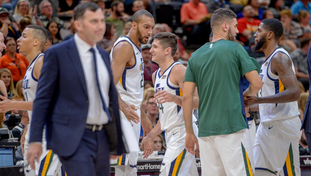 Leah Hogsten  |  The Salt Lake Tribune  Utah Jazz guard Grayson Allen (24) is all smiles after leaving the court during a timeout as the Utah Jazz host the Perth Wildcats, Sept. 29, 2018 at Vivint Smart Home Arena.