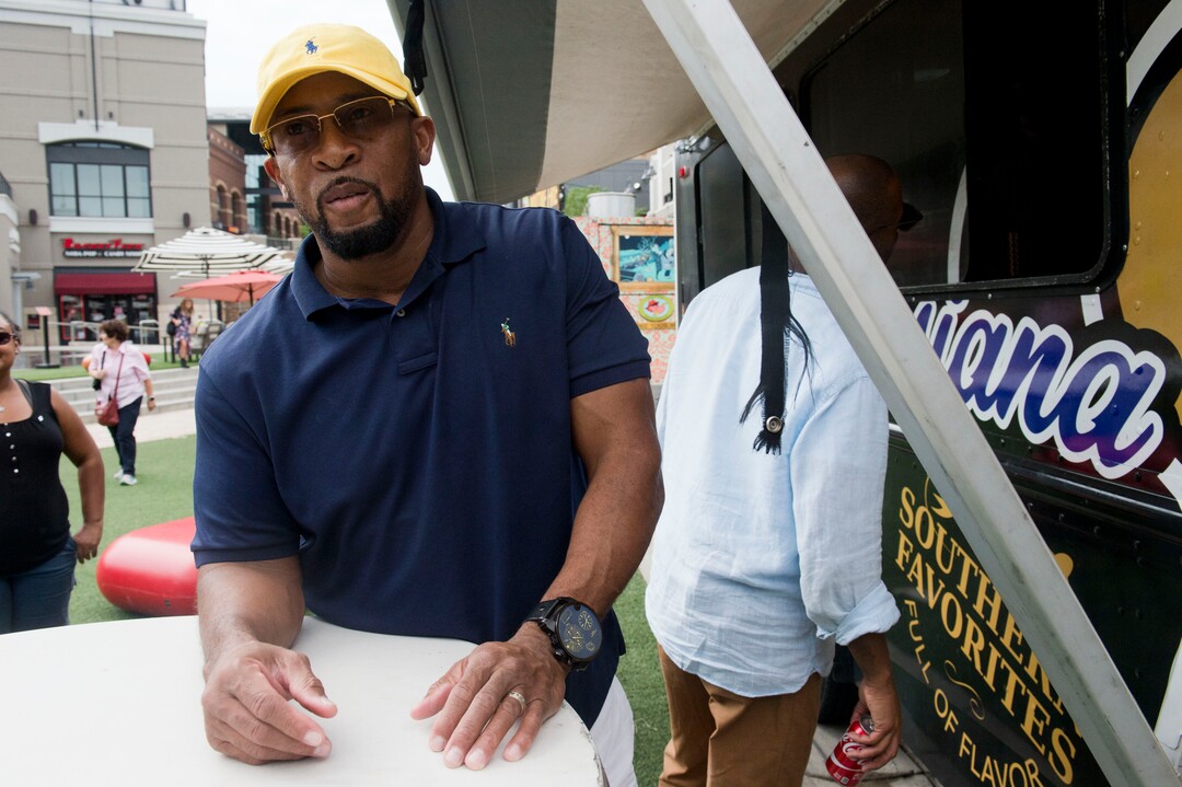 (Rachel Molenda  |  The Salt Lake Tribune)  Jerrell Carter, co-owner of Taste of Louisiana, a food truck that specializes in the region's fare, at The Gateway on Friday, August 4, 2017.