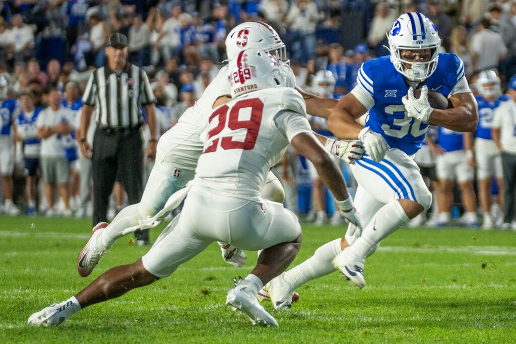 (Rick Egan | The Salt Lake Tribune) Brigham Young running back Sione Moa (30) scores for the Cougars in football action between the Brigham Young Cougars and the Stanford Cardinal, at Lavell Edwards Stadium on Saturday Sept. 6, 2025.