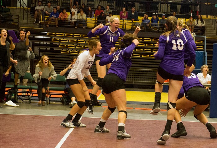 (Rick Egan  |  The Salt Lake Tribune)  The Box Elder Bees celebrate their state title after defeating the Bountiful Braves, in the 5A volleyball championship game, at Utah Valley University, Saturday, November 4, 2017.
