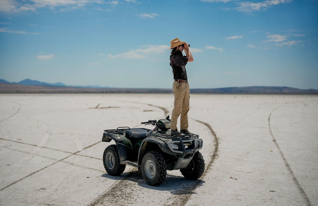(Francisco Kjolseth | The Salt Lake Tribune) Weber State student Clementine Rane, lead field technician for the avian ecology snowy plover survey, joins the team on the northern edge of the Great Salt Lake in search of the small bird and colleagues on Thursday, June 12, 2025. The lake has the largest breeding population of the birds in North America.