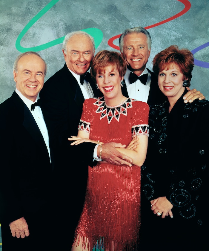 (Photo courtesy CBS) Tim Conway, Harvey Korman, Lyle Waggoner, Vicki Lawrence and Carol Burnett in a publicity photo from “The Carol Burnett Show.