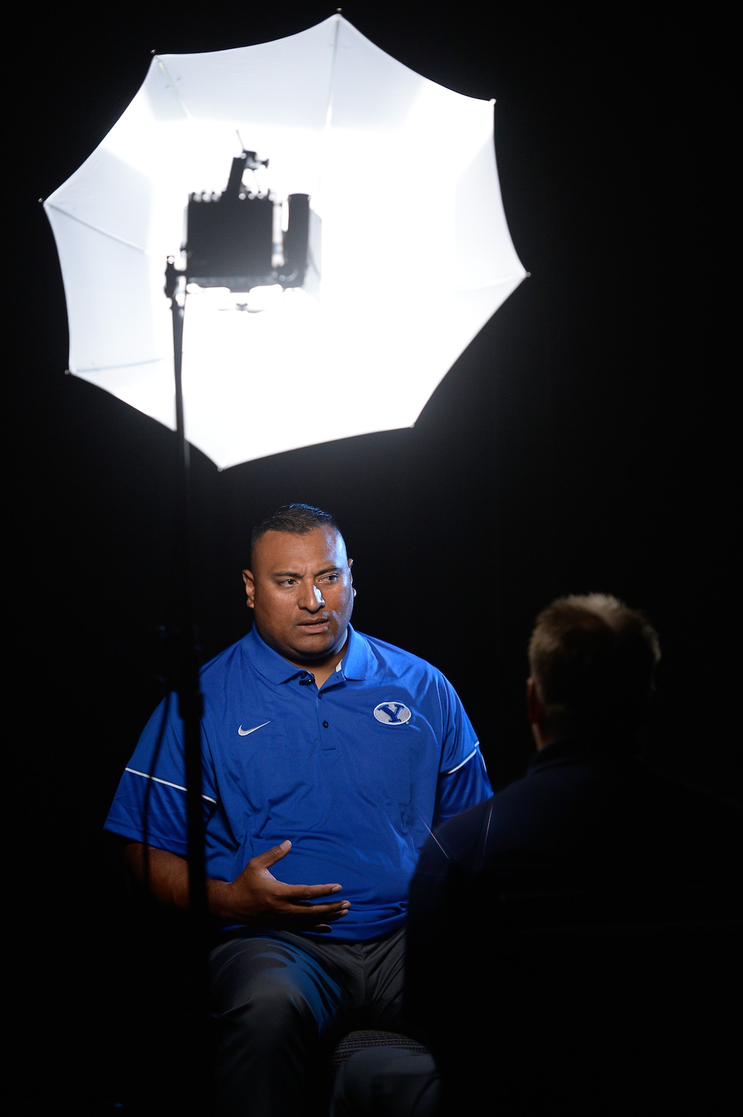 Francisco Kjolseth | The Salt Lake TribuneBYU football head coach Kalani Sitake, sits down for interviews during BYU Football Media Day at BYU Broadcasting in Provo on Friday, June 23, 2017.