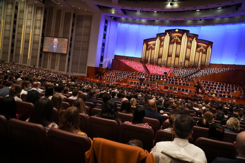 (Bethany Baker  |  The Salt Lake Tribune) President Dallin H. Oaks speaks during a session of General Conference of The Church of Jesus Christ of Latter-day Saints at the Conference Center in Salt Lake City, on Saturday, Oct. 4, 2025.