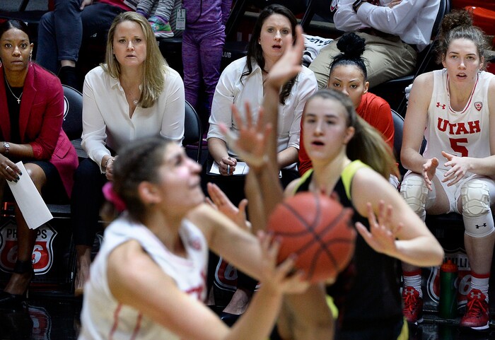 Scott Sommerdorf | The Salt Lake TribuneUtah Utes head coach Lynne Roberts watches the Utes on offense as Oregon defeated Utah 84-68, Sunday, January 28, 2018.