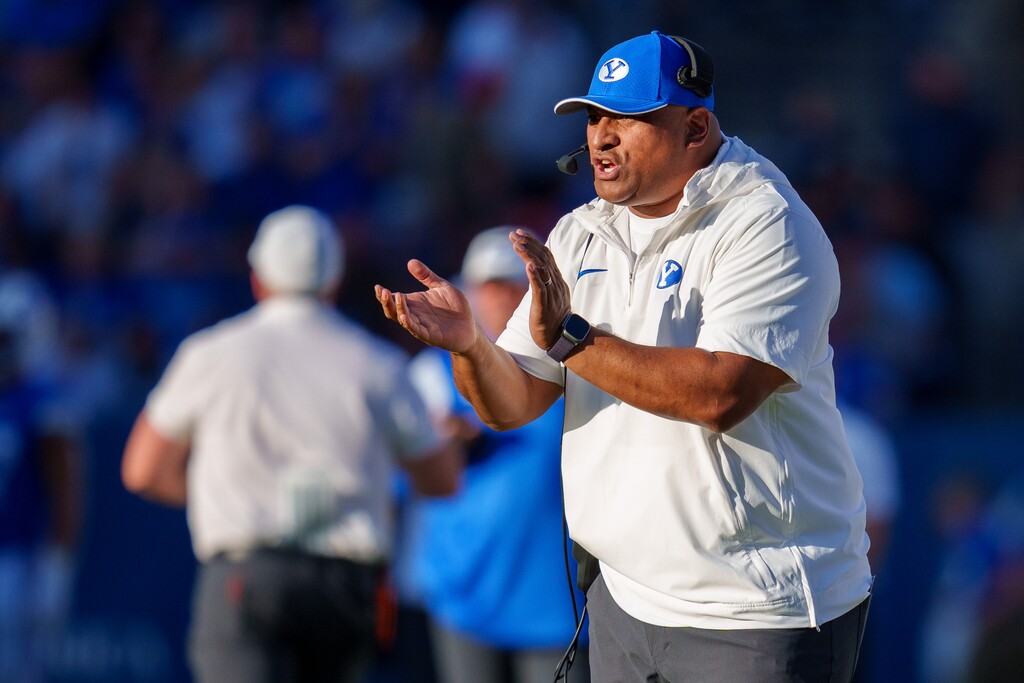 (Trent Nelson  |  The Salt Lake Tribune) Kalani Sitake as BYU hosts Texas Tech, NCAA football in Provo on Saturday, Oct. 21, 2023.