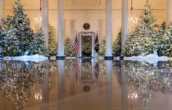 The Grand Foyer and Cross Hall are decorated with "The Nutcracker Suite" theme during a media preview of the 2017 holiday decorations at the White House in Washington, Monday, Nov. 27, 2017. (AP Photo/Carolyn Kaster)