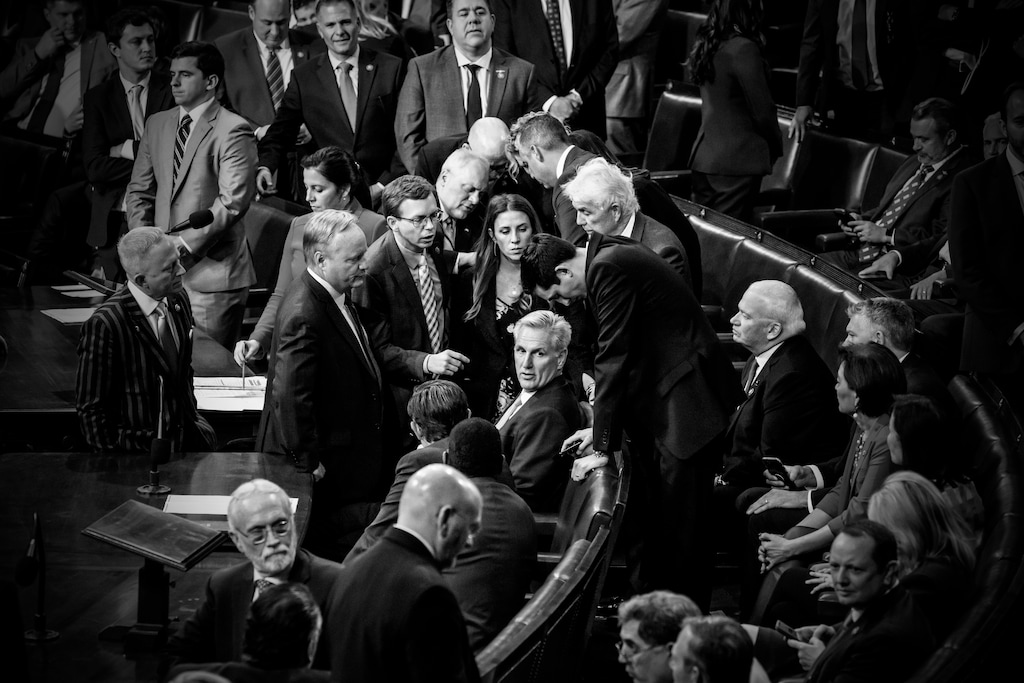 (Mark Peterson | The New York Times)

Rep. Kevin McCarthy (R-Calif.), center, reacts as the House's vote to select a speaker continues, at the Capitol in Washington, late on Friday, Jan. 6, 2023.