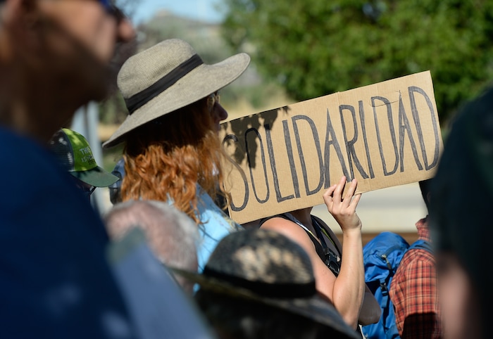 (Francisco Kjolseth  |  The Salt Lake Tribune)  Utah Jewish Community organizations, their members and friends gather outside of the U.S. Immigration and Customs Enforcement (ICE) field office at 2975 S. Decker Lake Drive in West Valley City, on Saturday, Aug. 10, 2019, for a Close The Camps vigil.