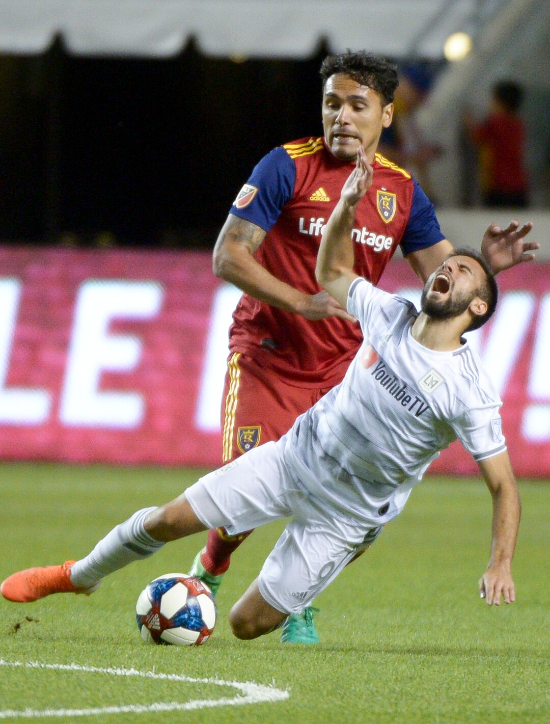 (Leah Hogsten  |  The Salt Lake Tribune) Real Salt Lake defender Marcelo Silva (30) battles Los Angeles FC forward Diego Rossi (9) as Real Salt Lake hosts Los Angeles Football Club in the fourth round of the Lamar Hunt U.S. Open Cup, June 11, 2019 at Rio Tinto Stadium in Sandy.