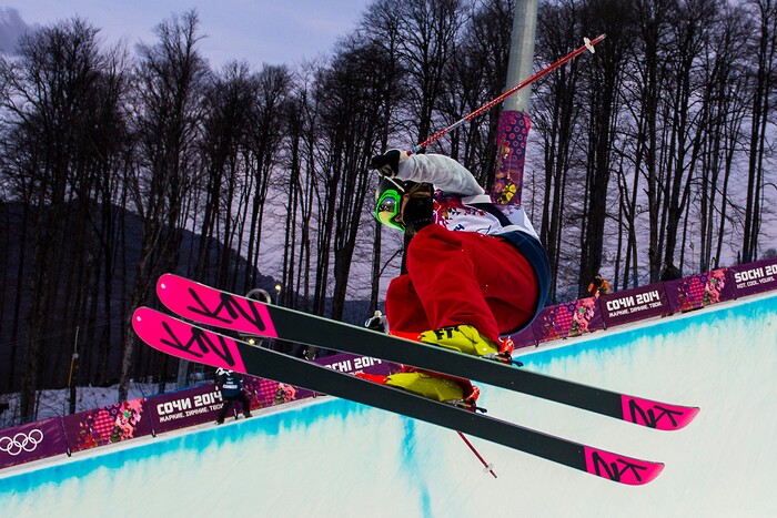 (Chris Detrick  |  The Salt Lake Tribune)  Brita Sigourney competes in the Ladies' Ski Halfpipe at Rosa Khutor Extreme Park during the 2014 Sochi Olympics Thursday February 20, 2014. Sigourney finished in sixth place with a score of 76.00.