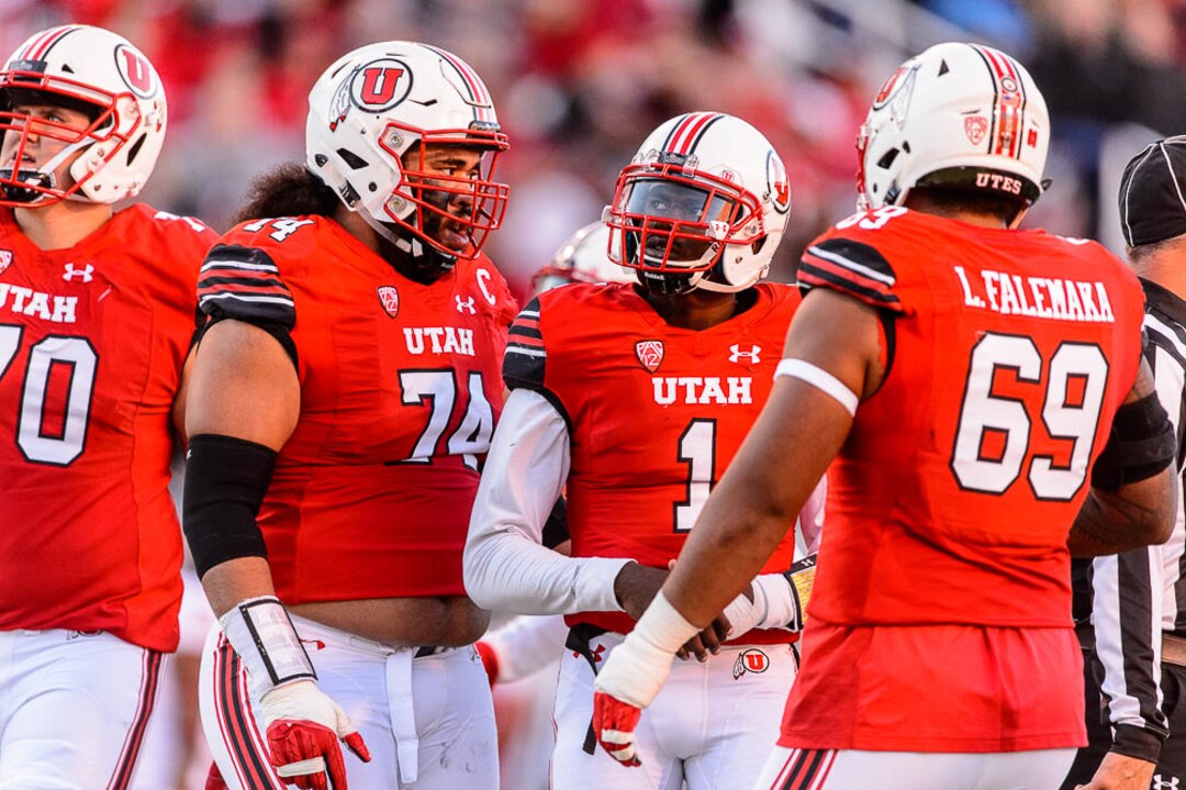 (Trent Nelson | The Salt Lake Tribune)  Utah offense, reacting to an offensive pass interference call, as the University of Utah hosts Washington State, NCAA football in Salt Lake City, Saturday November 11, 2017.