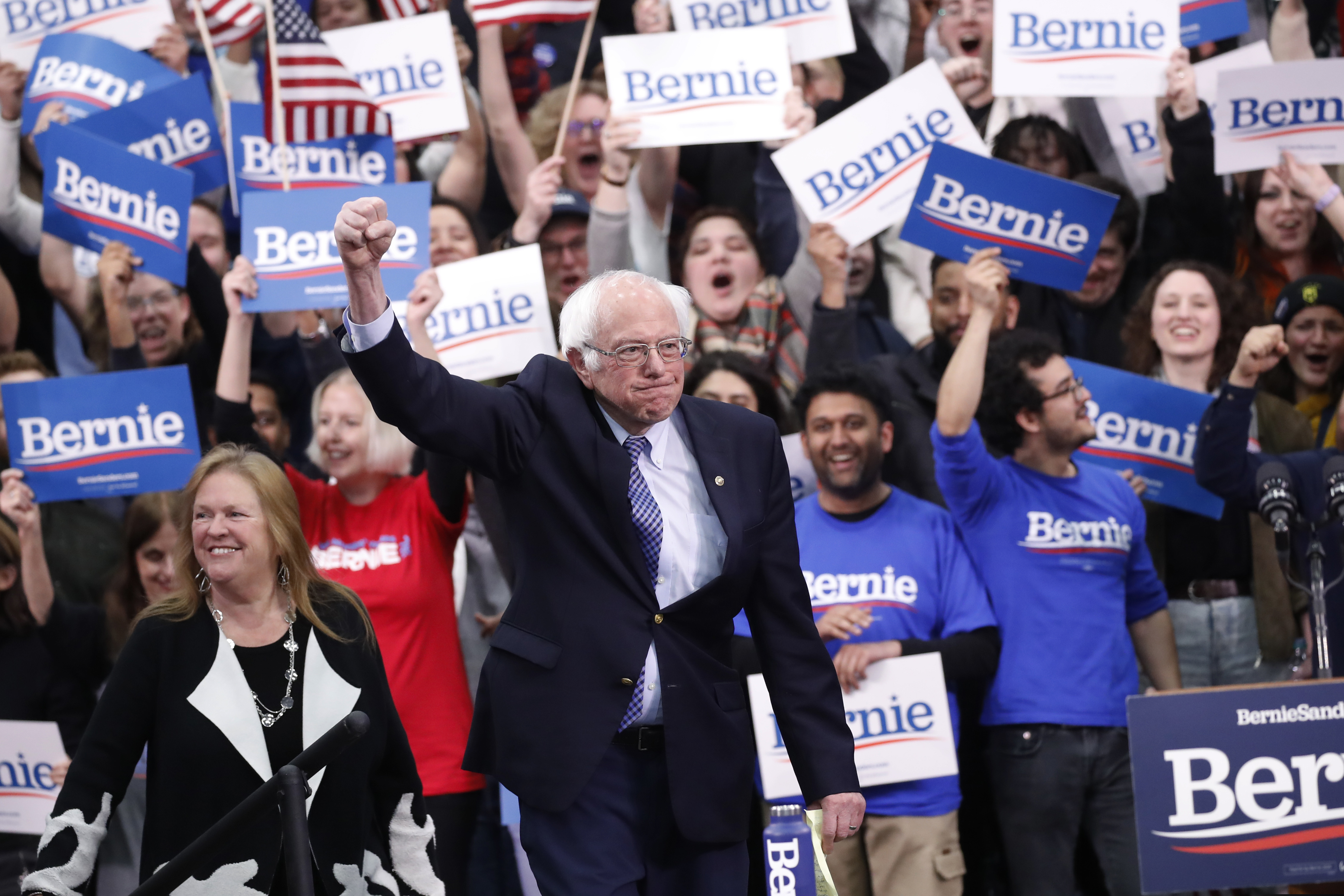(Pablo Martinez Monsivais | AP) Democratic presidential candidate Sen. Bernie Sanders, I-Vt., with his wife Jane O'Meara Sanders, arrives to speak to supporters at a primary night election rally in Manchester, N.H., Tuesday, Feb. 11, 2020.