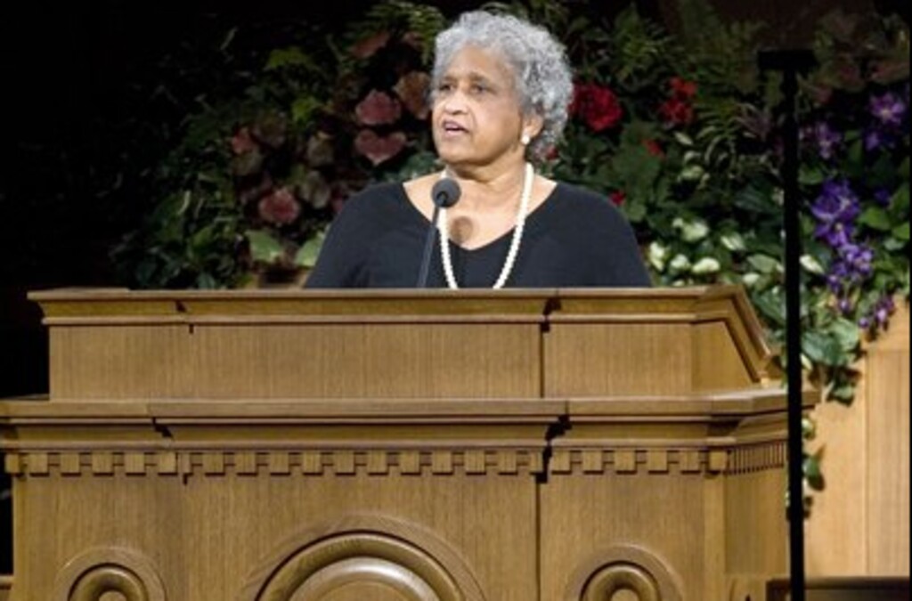 (Tribune File Photo) Catherine M. Stokes, of Salt Lake City, talks in 2008 about the 1978 revelation at Temple Square to commemorate the 30th anniversary of the revelation ending the ban on blacks in the LDS priesthood.