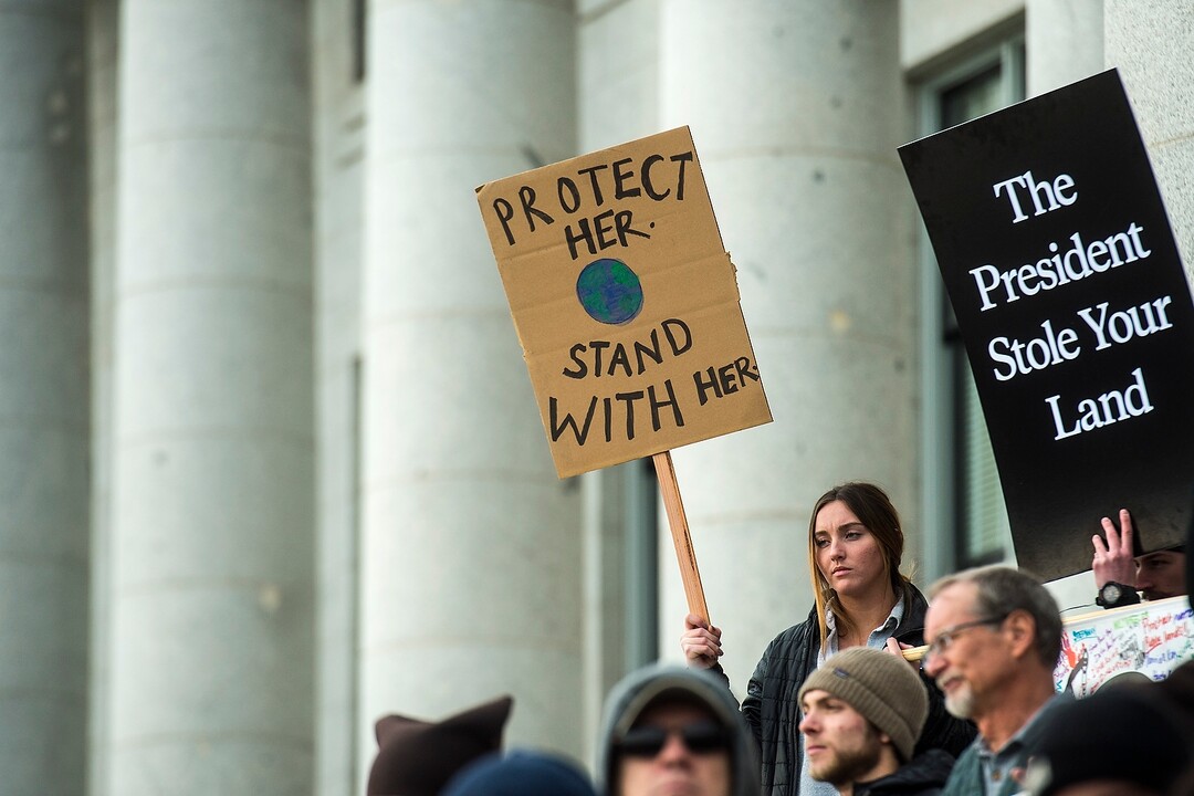 (Chris Detrick  |  The Salt Lake Tribune) Supporters of the Bears Ears and Grand Staircase-Escalante National Monuments rally at the Utah State Capitol Saturday, December 2, 2017.  Utah Highway Patrol estimated 5,000 people attended the rally. 