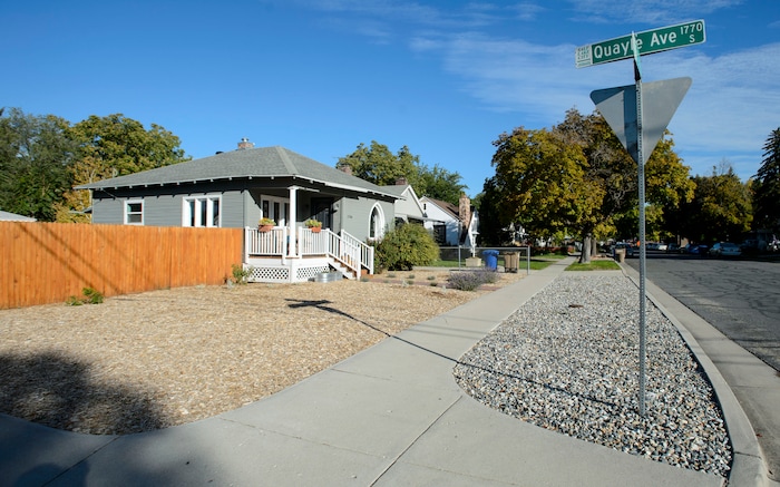 (Steve Griffin  |  The Salt Lake Tribune)  Mickey Campbell's Salt Lake City home, Thursday October 5, 2017, where he was told by the city his yard violated a law requiring at least 33% of front yard and park strip to be covered in vegetation. 