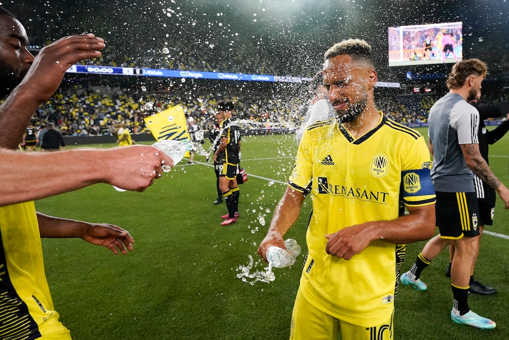 (George Walker IV | AP) Teammates toss water into the face of Nashville SC midfielder Hany Mukhtar after their 3-1 win against the Columbus Crew after an MLS soccer match Sunday, May 28, 2023, in Nashville, Tenn.