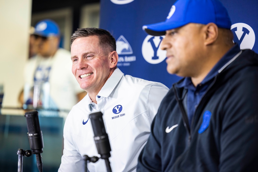 Former Weber State head coach Jay Hill is introduced as BYU's defensive coordinator. (Joey Garrison/BYU)