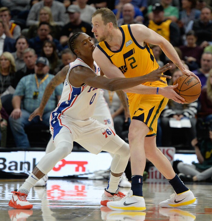(Francisco Kjolseth  |  The Salt Lake Tribune)  Philadelphia 76ers guard Josh Richardson (0) pressures Utah Jazz forward Joe Ingles (2) as the Utah Jazz host the Philadelphia 76ers in their NBA basketball game at Vivint Smart Home Arena in Salt Lake City on Wednesday, Nov. 6, 2019.