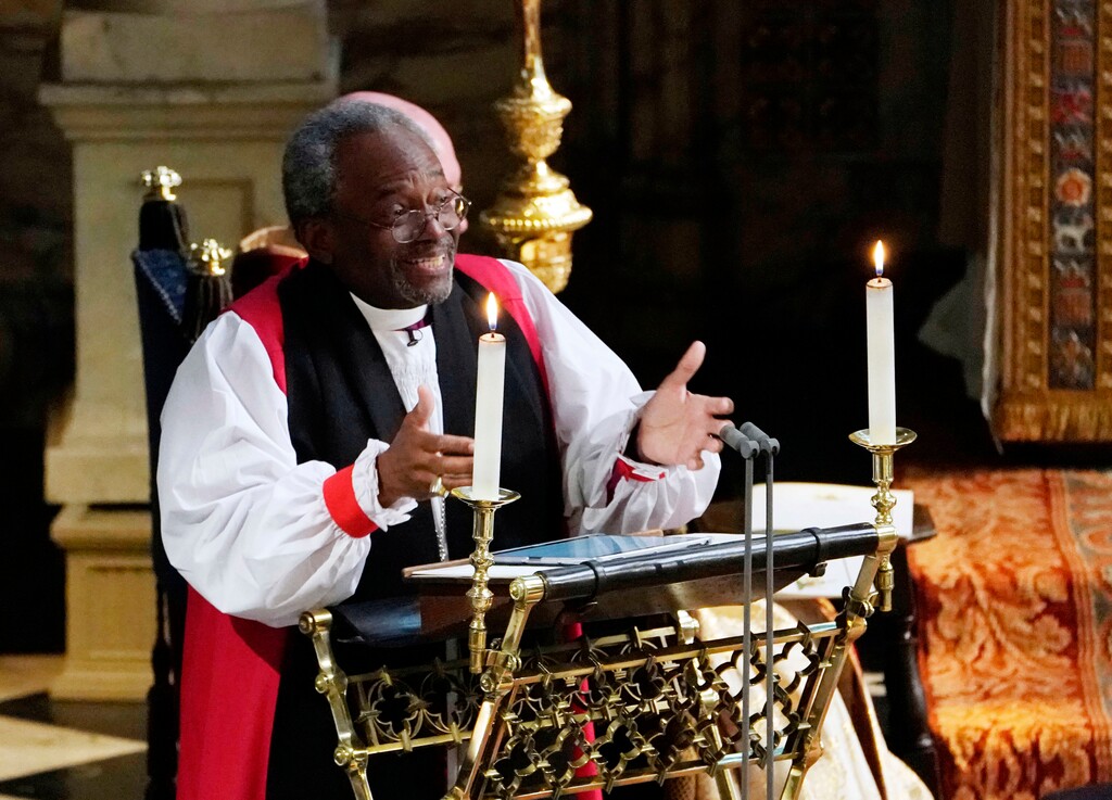 (Owen Humphreys/pool photo via AP) Bishop Michael Curry, primate of the Episcopal Church, speaks during the wedding ceremony of Prince Harry and Meghan Markle at St. George's Chapel in Windsor Castle in Windsor, near London, England, Saturday, May 19, 2018.
