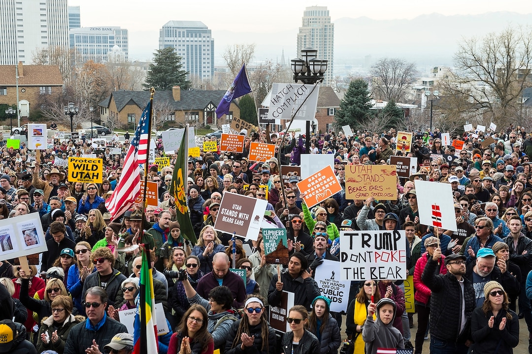 (Chris Detrick  |  The Salt Lake Tribune) Supporters of the Bears Ears and Grand Staircase-Escalante National Monuments rally at the Utah State Capitol Saturday, December 2, 2017.  Utah Highway Patrol estimated 5,000 people attended the rally. 