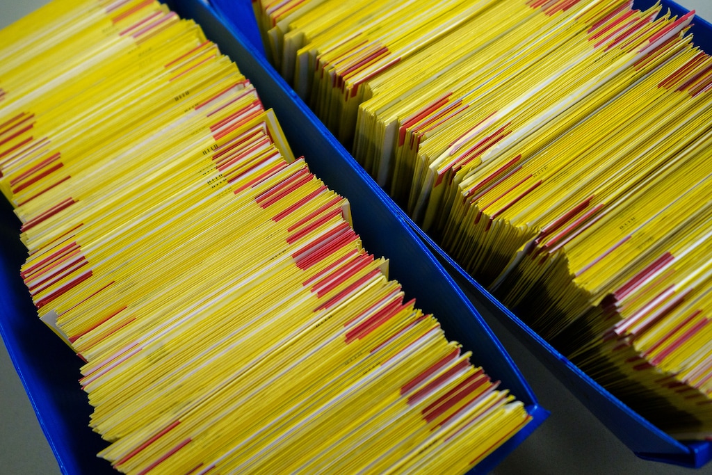 (Trent Nelson  |  The Salt Lake Tribune) Salt Lake County's ballot processing center on the first day mail-in ballots began arriving, in Salt Lake City on Friday, Oct. 21, 2022.
