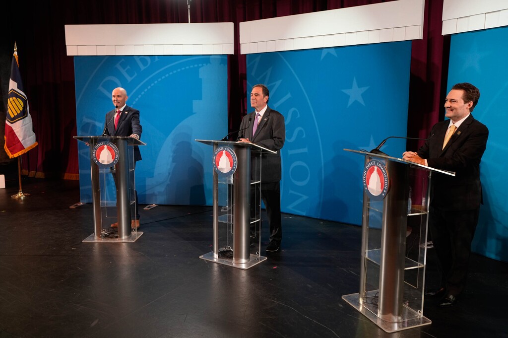(Francisco Kjolseth  | The Salt Lake Tribune) Republican Utah Gov. Spencer Cox, who is running for reelection, debates Democratic challenger state Rep. Brian King and Libertarian opponent Robert Latham at Salt Lake Community College on Wednesday, Sept. 11, 2024.