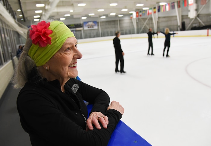(Francisco Kjolseth  |  The Salt Lake Tribune)  Marci Richards, 73, of Milwaukee, Wisconsin cools down following a practice session as she gets ready to compete in the 2019 U.S. Adult Figure Skating Championships, now in its 25th year, being held at the SLC Sports Complex. Richards who started skating to recover following a skiing accident has competed in 18 Adult Nationals and loves to skate. Over 600 skaters between 21 and 80 will compete April 3-6.