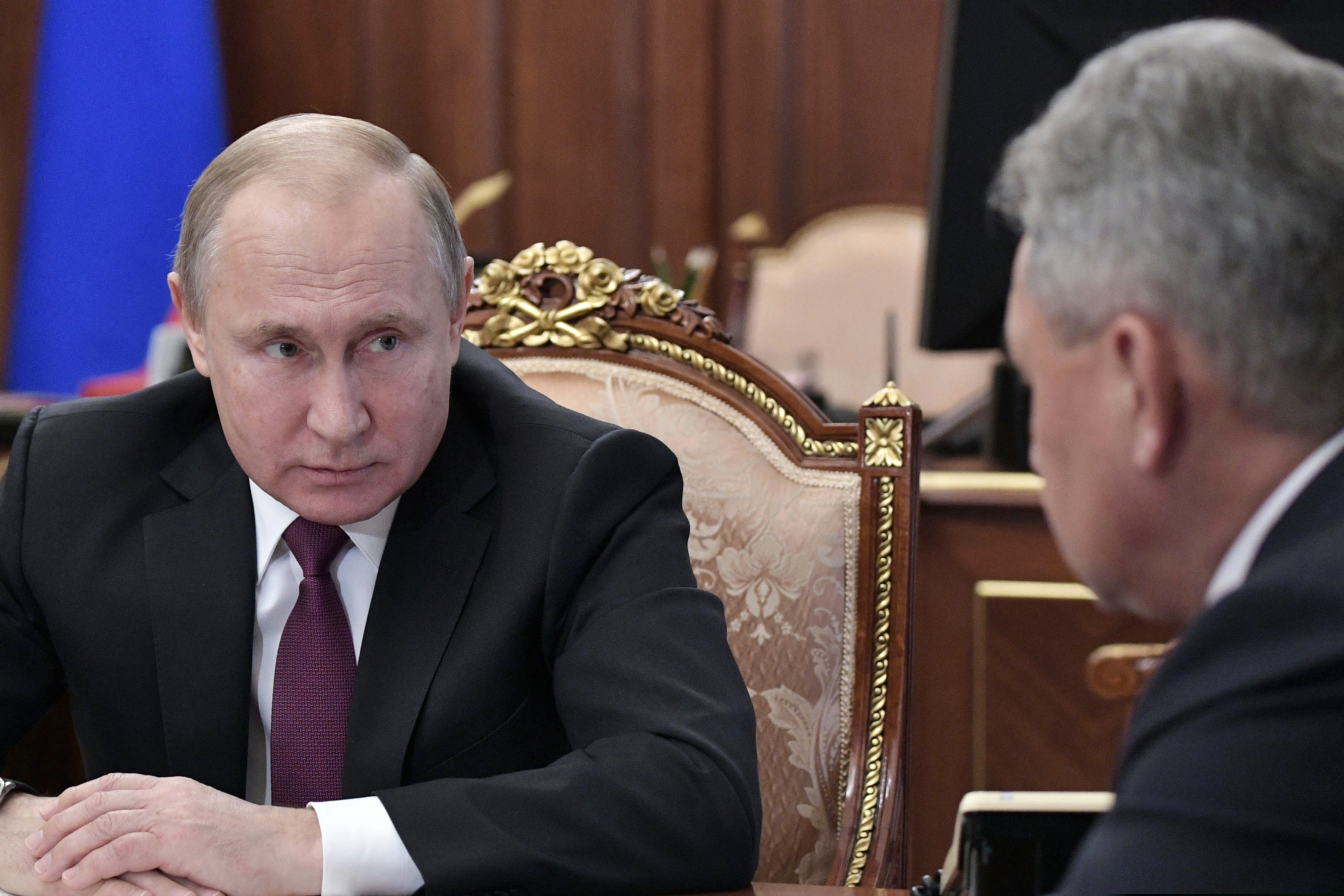 (Alexei Nikolsky, Sputnik, Kremlin Pool Photo via AP) Russian President Vladimir Putin, left, speaks to Defense Minister Sergei Shoigu during a meeting in the Kremlin in Moscow, Russia, Saturday, Feb. 2, 2019. Putin said that Russia will abandon the 1987 Intermediate-Range Nuclear Forces treaty, following in the footsteps of the United States, but noted that Moscow will only deploy intermediate-range nuclear missiles if Washington does so.